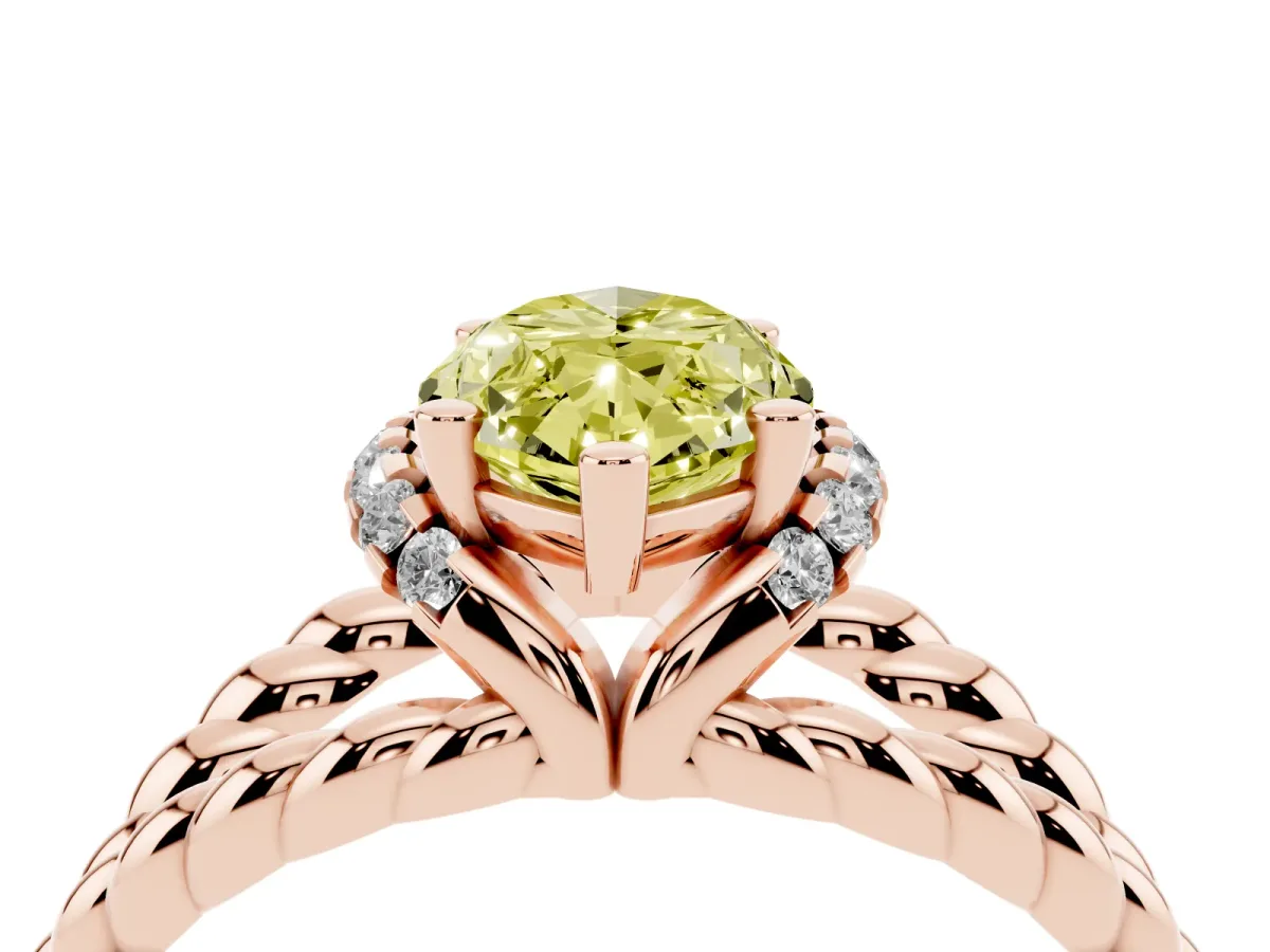 Fancy Yellow Marquise Cut Halo Twisted Band Four-Prong Ring Rose gold