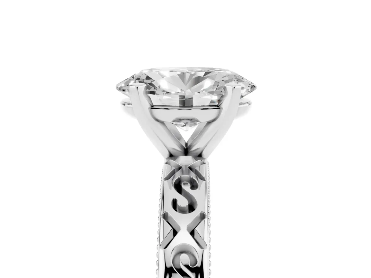 Oval Cut Solitaire Engagement Ring with Scrollwork Band and Four-Prong Setting White gold