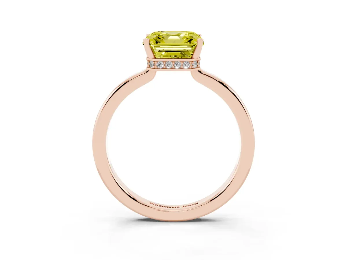 Fancy Yellow Asscher Cut Cut Solitaire Engagement Ring with Four-Prong Setting on a Classic Band Rose gold