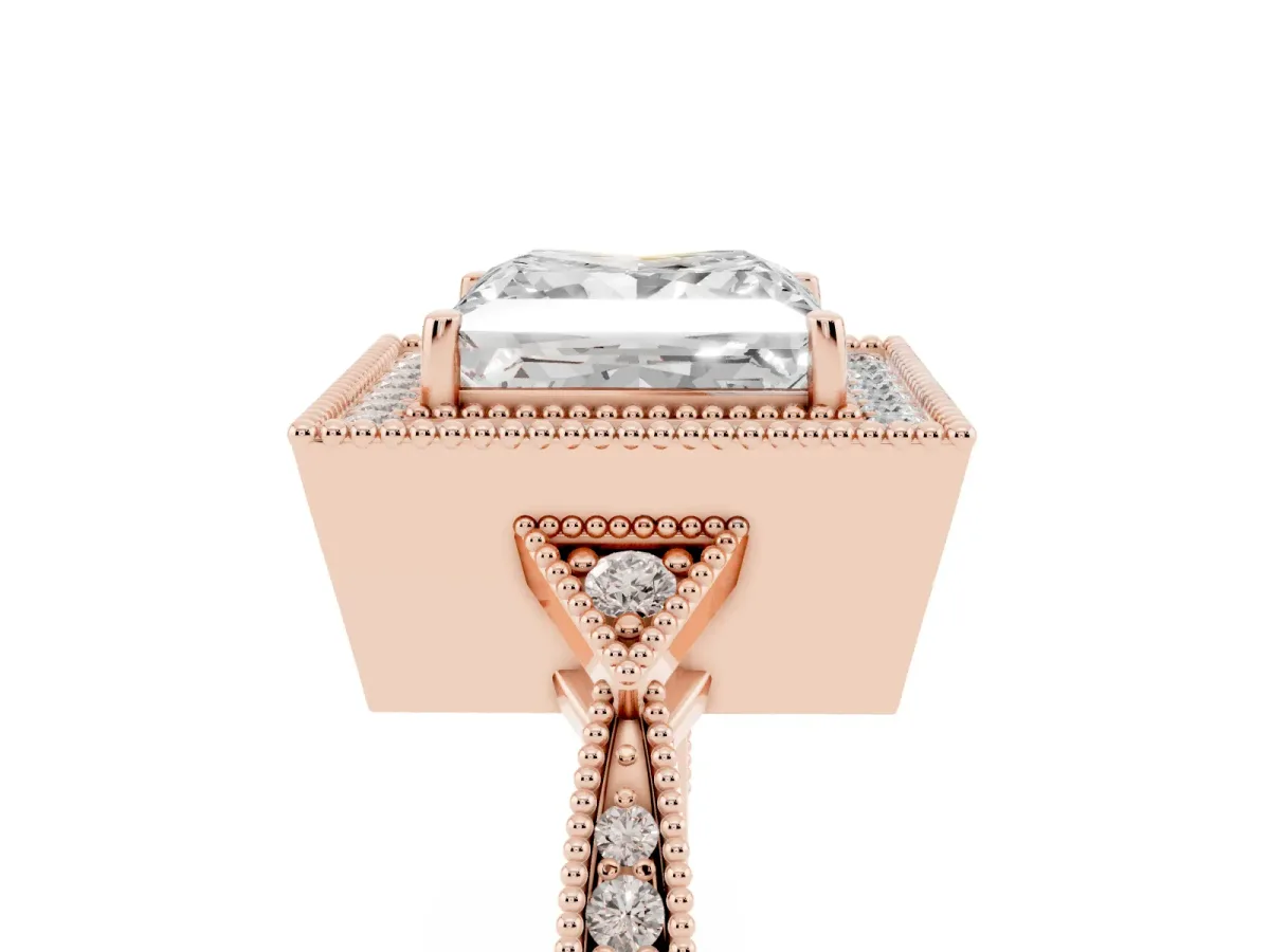 Princess Cut Halo Round Diamond Milgrain Pave Engagement Ring Rose gold