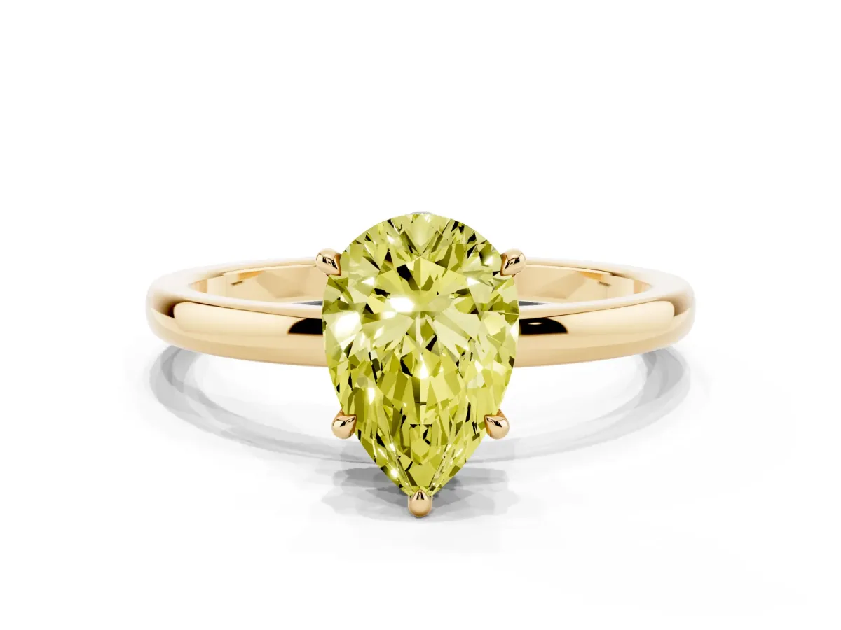 Fancy Yellow Pear Cut Solitaire Engagement Ring with Cathedral Band and Four-Prong Setting Yellow gold