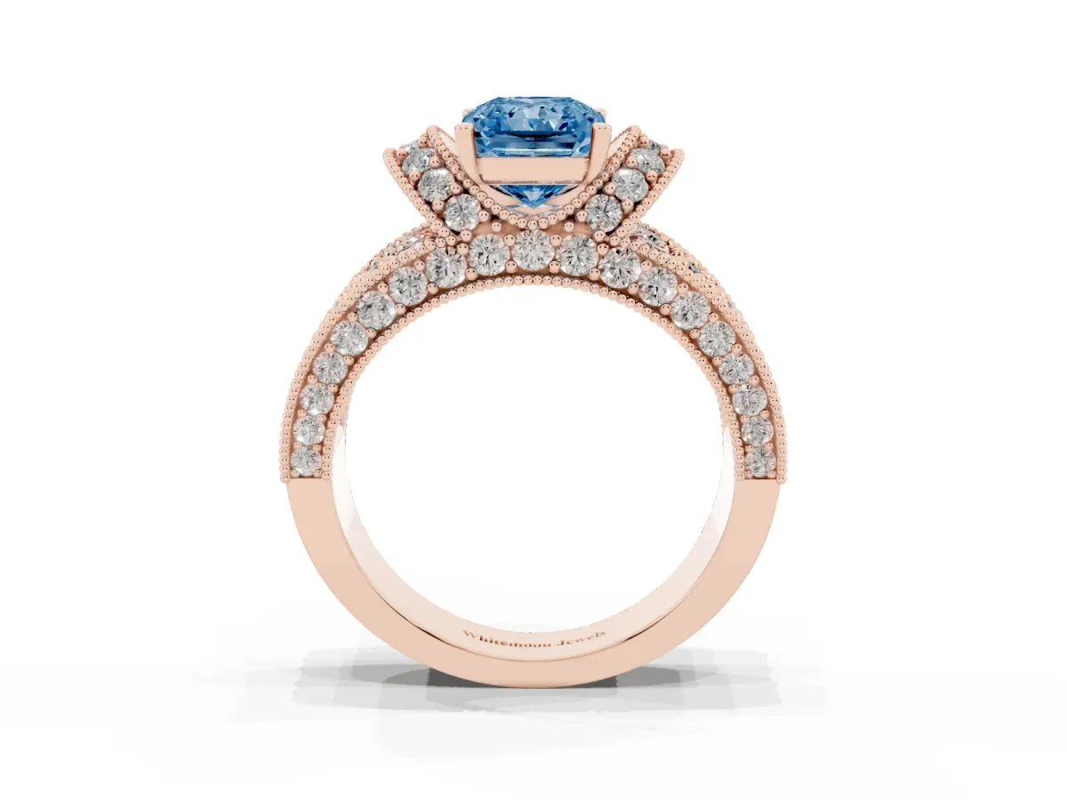 Fancy Blue Radiant Cut Halo Pave Diamond Engagement Ring with Milgrain Detailing Rose gold