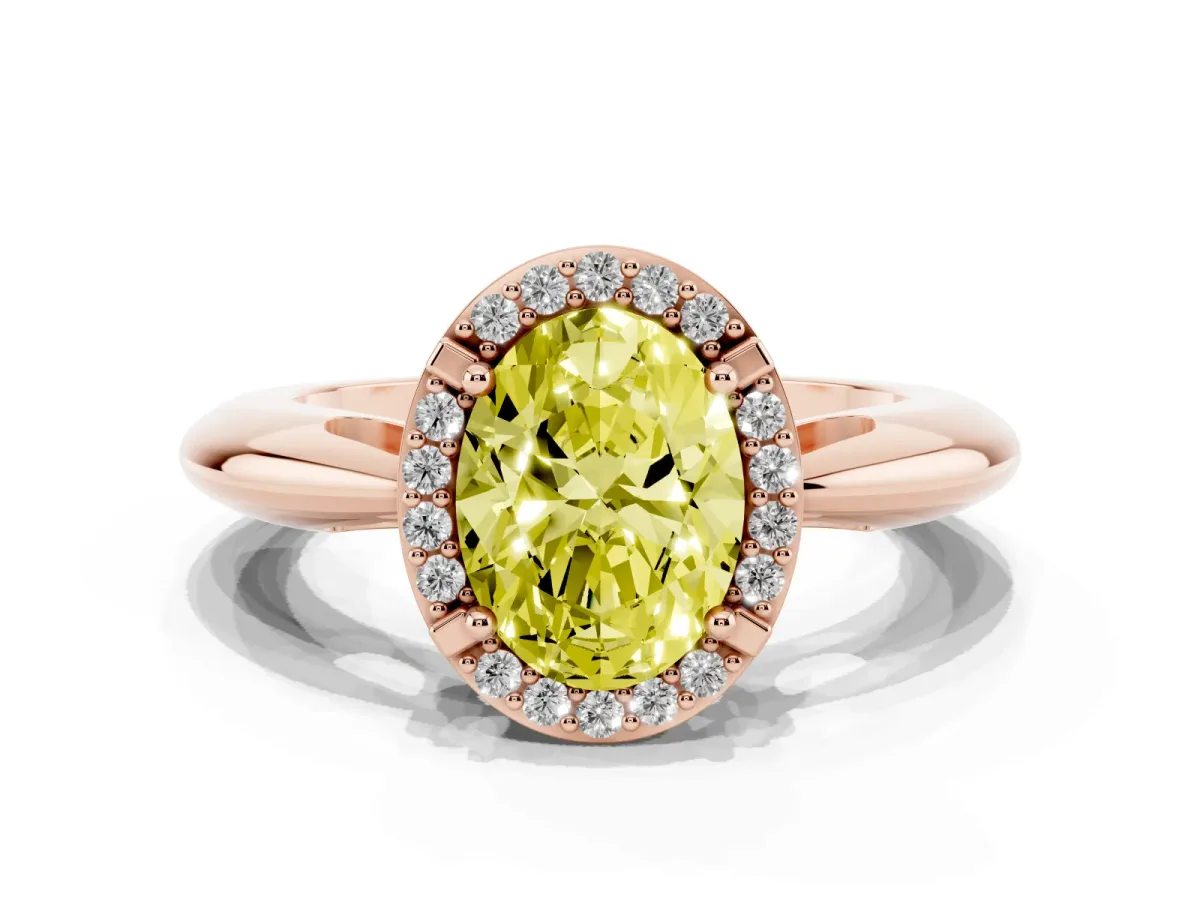 Fancy Yellow Oval Cut Cut Diamond Halo Engagement Ring with Split Shank and Four-Prong Setting Rose gold