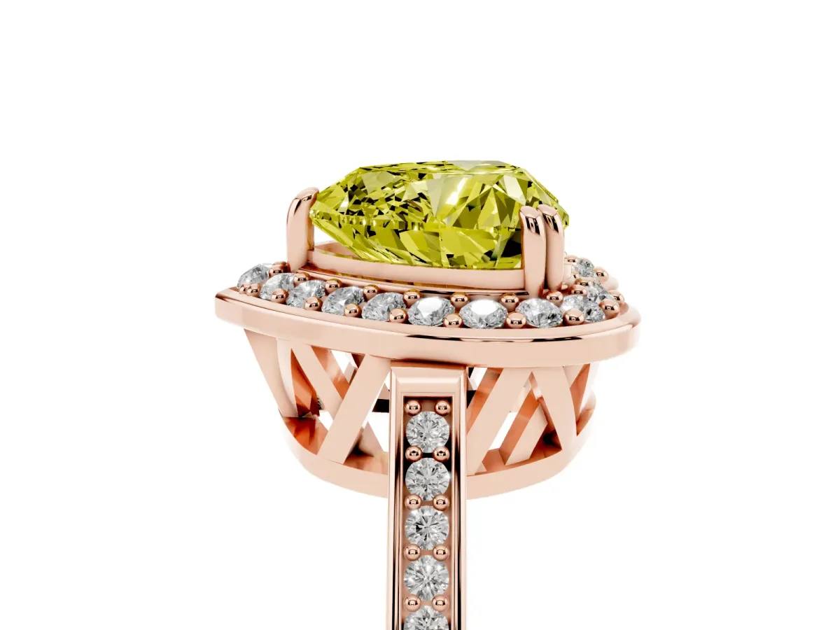 Fancy Yellow Heart Cut Diamond Halo Ring with Split Shank and Four-Prong Setting Rose gold