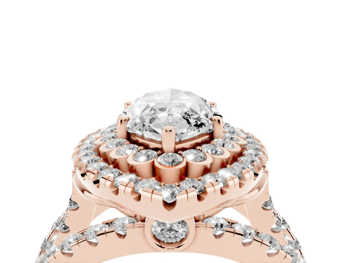 Marquise Cut Diamond Double Halo Ring with Round Pavé Split Shank and Prong Setting Rose gold