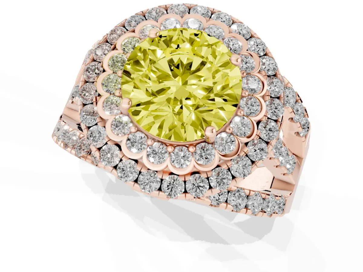 Fancy Yellow Round Cut Diamond Double Halo Ring with Round Pavé Split Shank and Prong Setting Rose gold