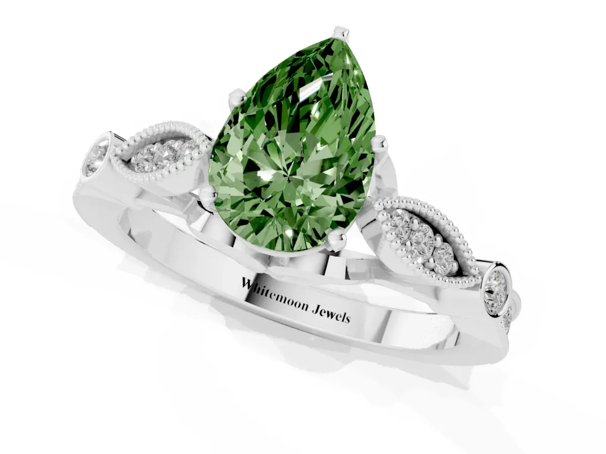 Fancy Green Pear Cut Cut Diamond with Milgrain Marquise and Bezel Accents on a Solitaire Band with Prong Setting Platinum