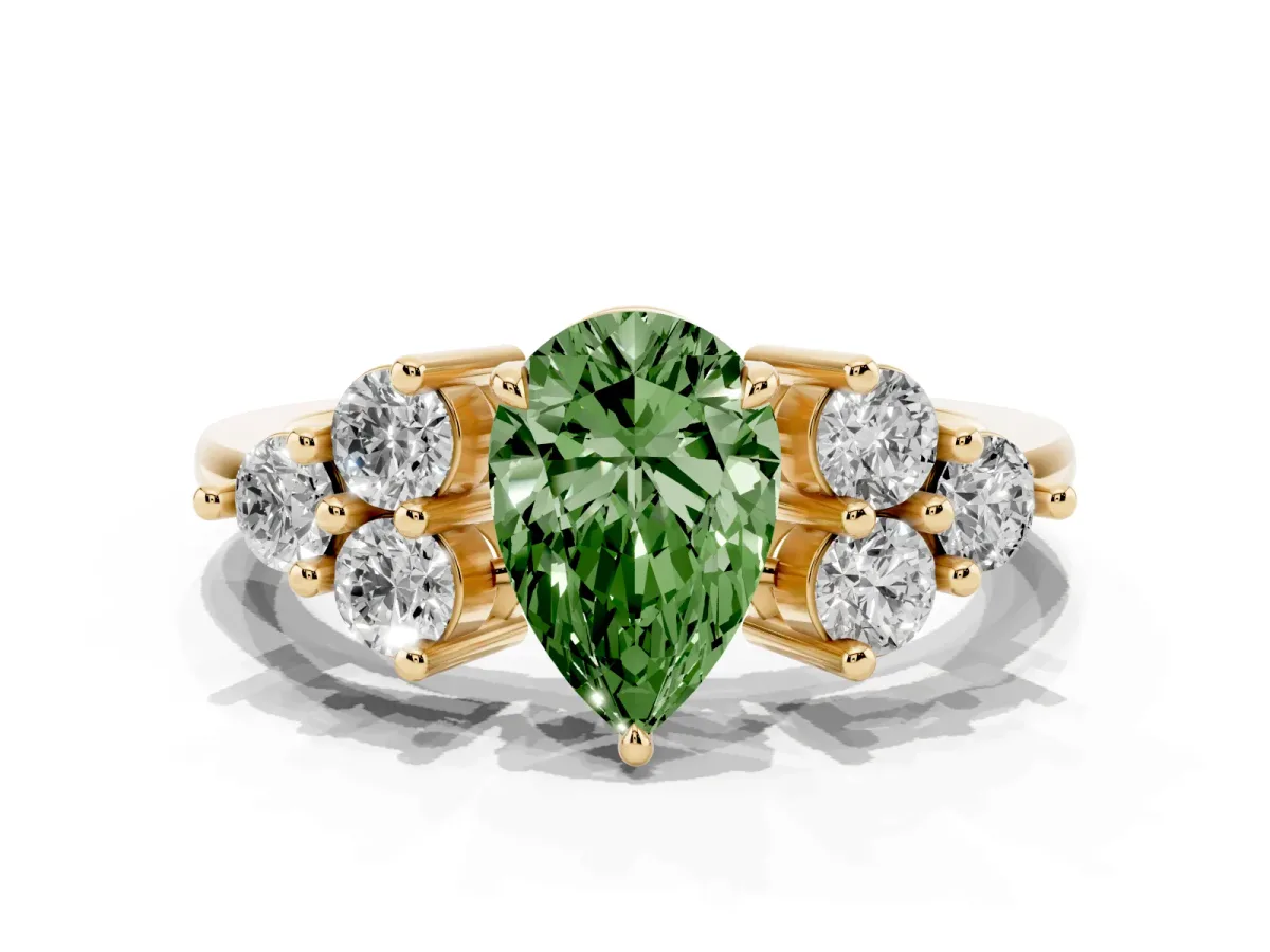 Fancy Green Pear Cut Brilliant Diamond Cluster Accent Solitaire Ring with Prong Setting Yellow gold