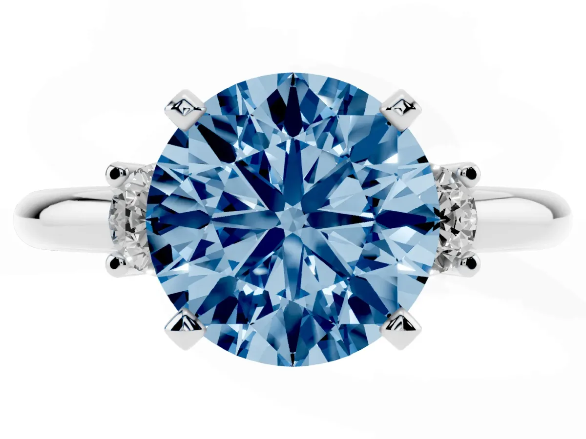 Fancy Blue Three-Stone Round Cut Cut Diamond Solitaire with Prong Setting and Classic Band Silver