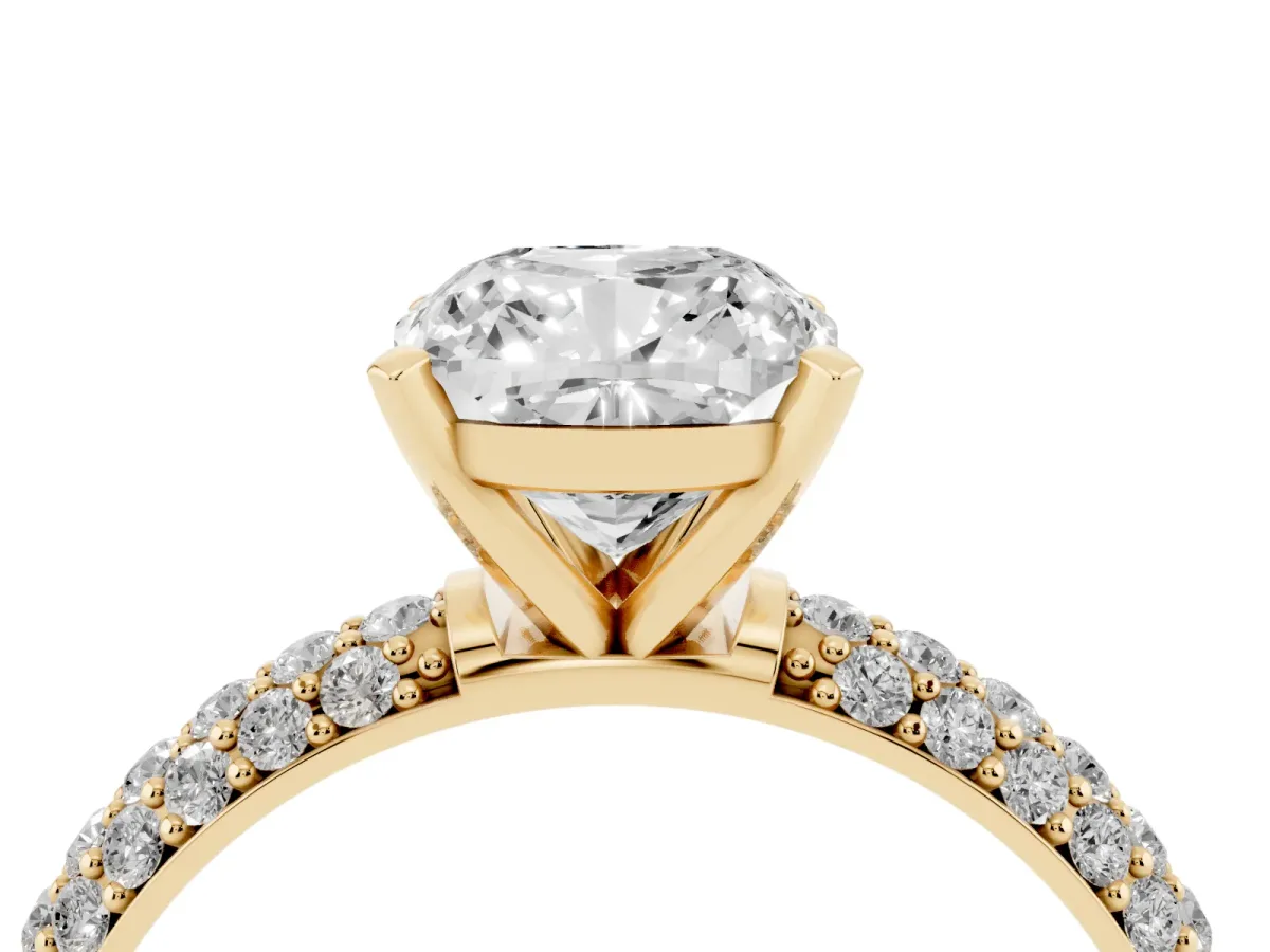 Cushion Cut Diamond Solitaire Ring with Prong Setting and Pavé Band Yellow gold