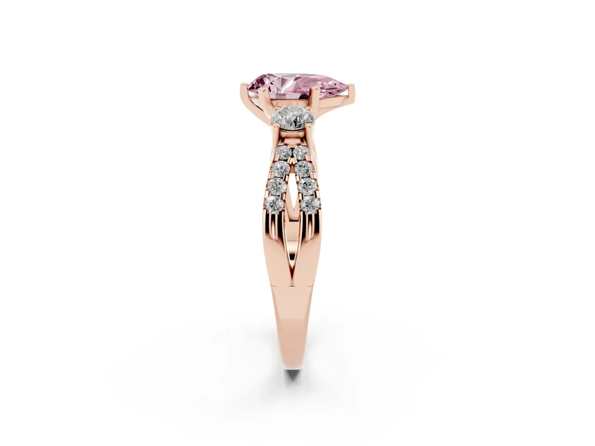 Fancy Pink Pear Cut Diamond Three-Stone Ring with Pavé Split Shank and Four-Prong Setting Rose gold