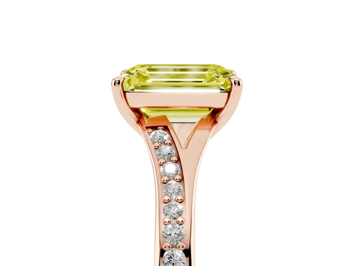Fancy Yellow Emerald Cut Diamond Solitaire Ring with Pavé Band and Prong Setting Rose gold