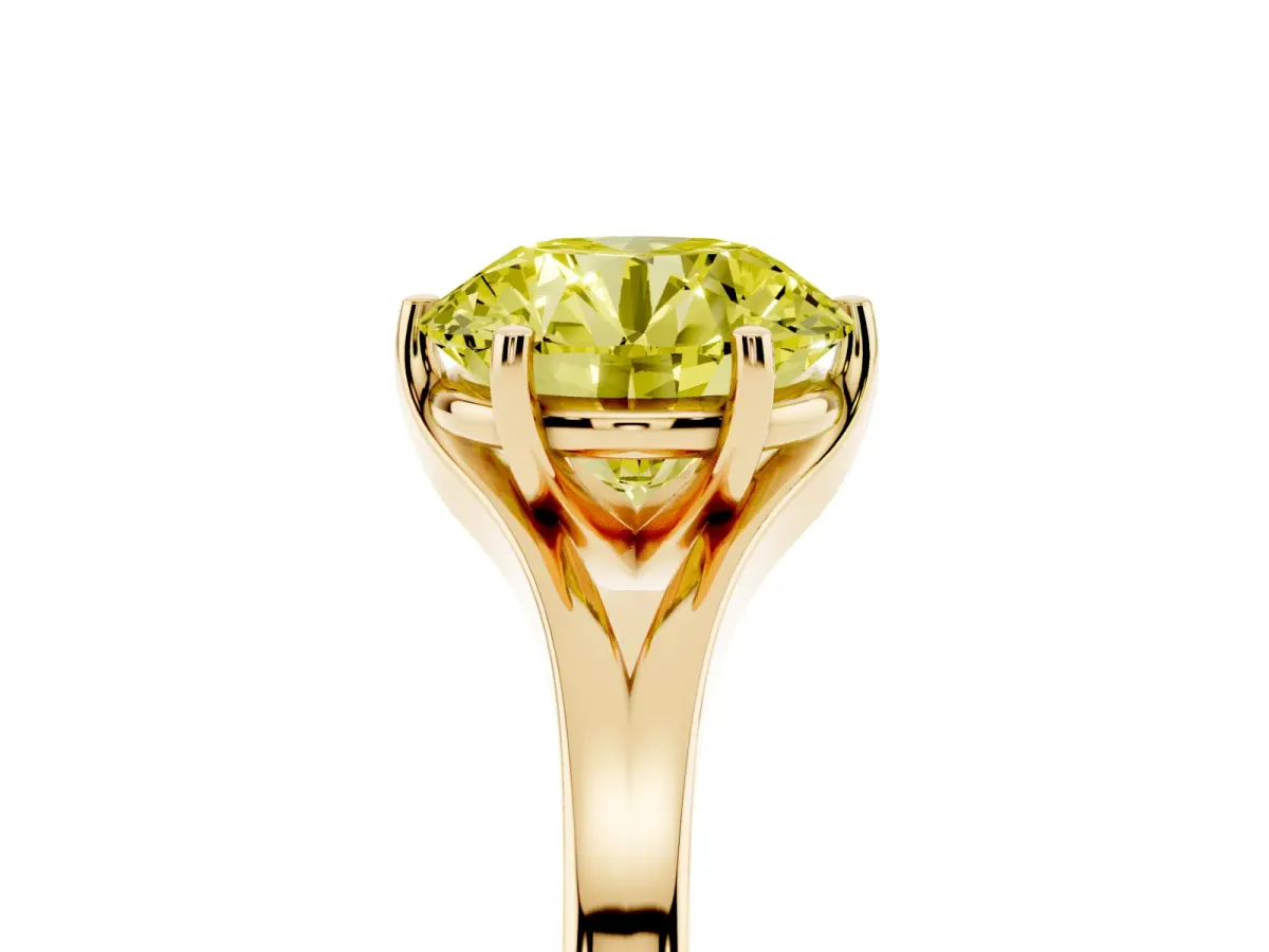 Fancy Yellow Round Cut Solitaire Diamond Ring with Six-Prong Setting and Tapered Band Yellow gold