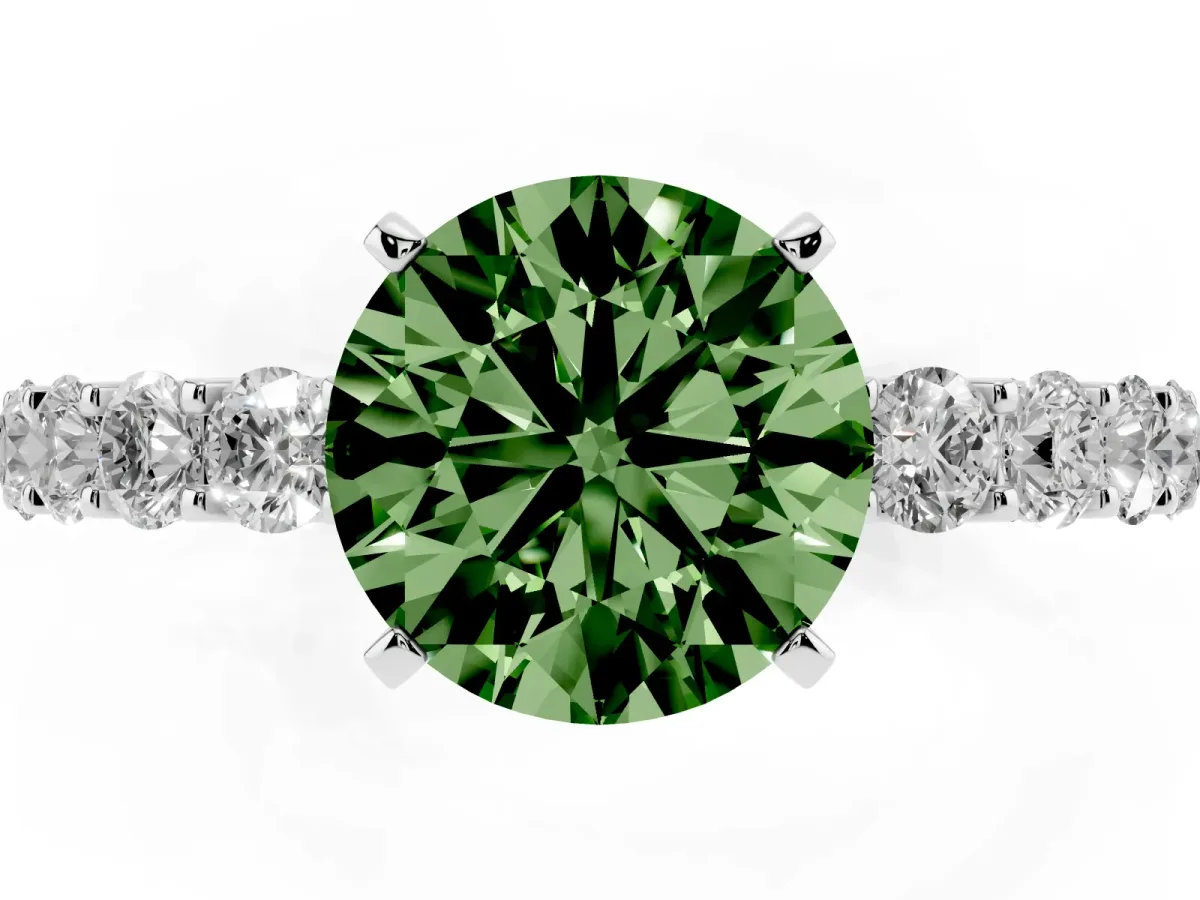 Fancy Green Round Cut Diamond Solitaire Ring with Shared Prong Pavé Band and Four-Prong Setting Silver