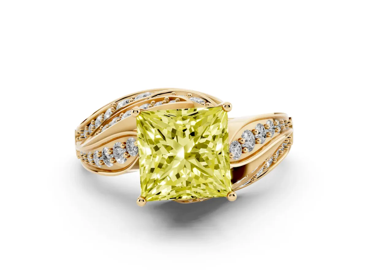 Fancy Yellow Princess Cut Diamond Solitaire Ring with Prong Setting and Twisted Pavé Band Yellow gold