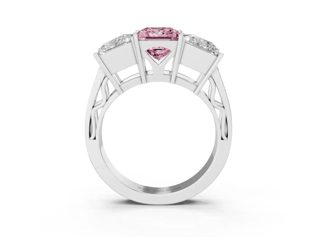 Fancy Pink Princess Cut Diamond Three-Stone Ring with Prong Setting and Textured Band Platinum