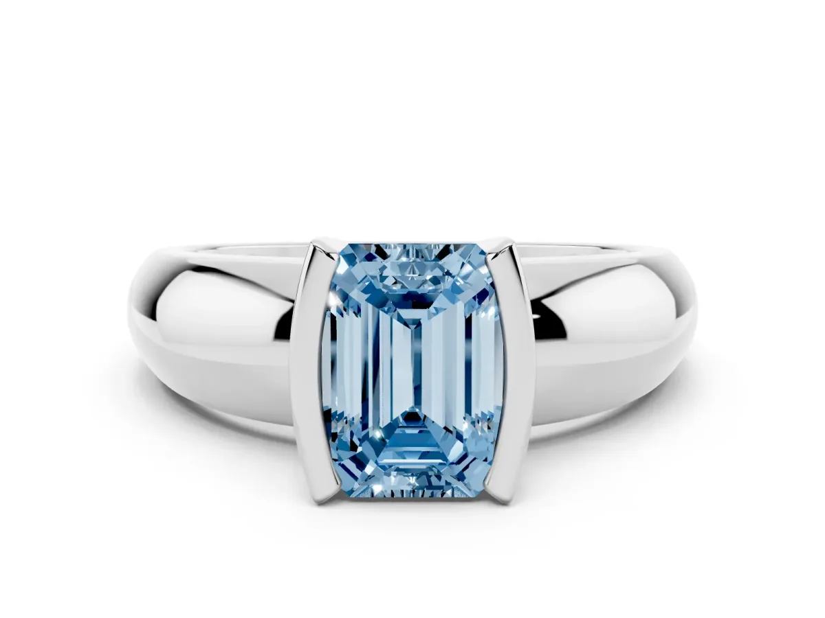 Fancy Blue Emerald Cut Solitaire Tension Set Diamond Ring with Wide Band Silver
