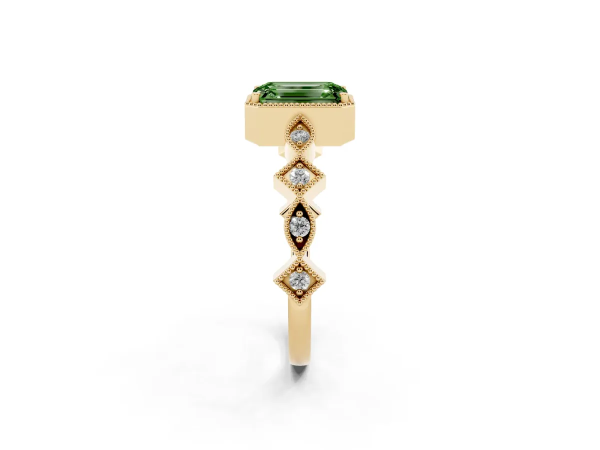 Fancy Green Emerald Cut Milgrain Marquise Diamond Twist Band Ring Yellow gold
