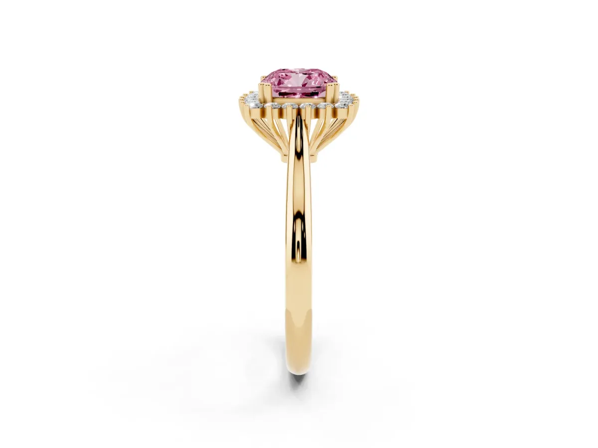 Fancy Pink Cushion Cut Cut Diamond Halo Ring with Solitaire Band and Prong Setting Yellow gold