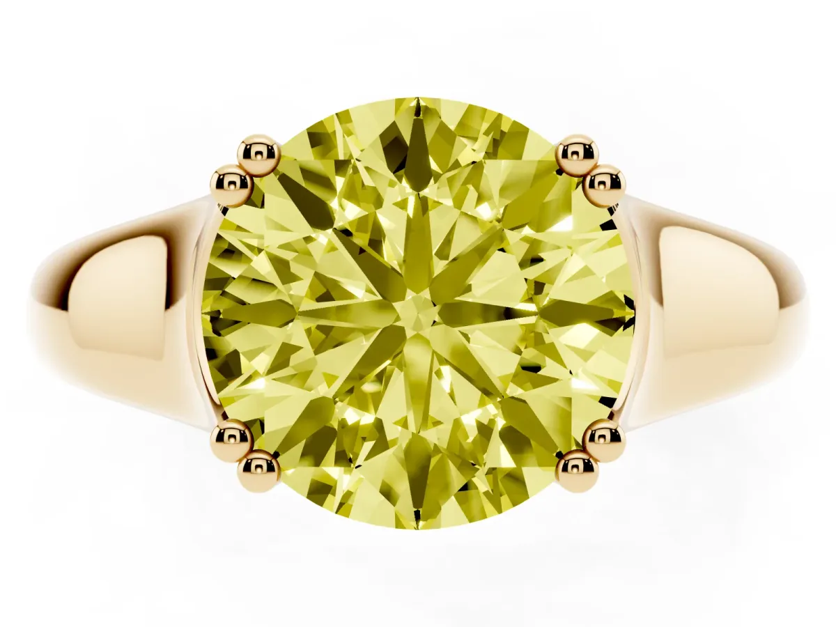 Fancy Yellow Round Cut Diamond Solitaire Ring with Wide Band and Prong Setting Yellow gold