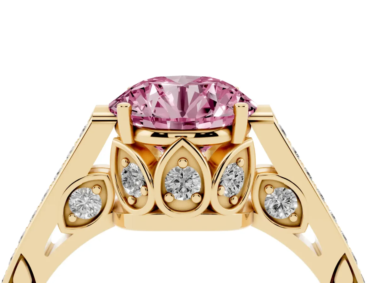 Fancy Pink Round Cut Cut Cathedral Pave Diamond Engagement Ring with Six-Prong Setting Yellow gold