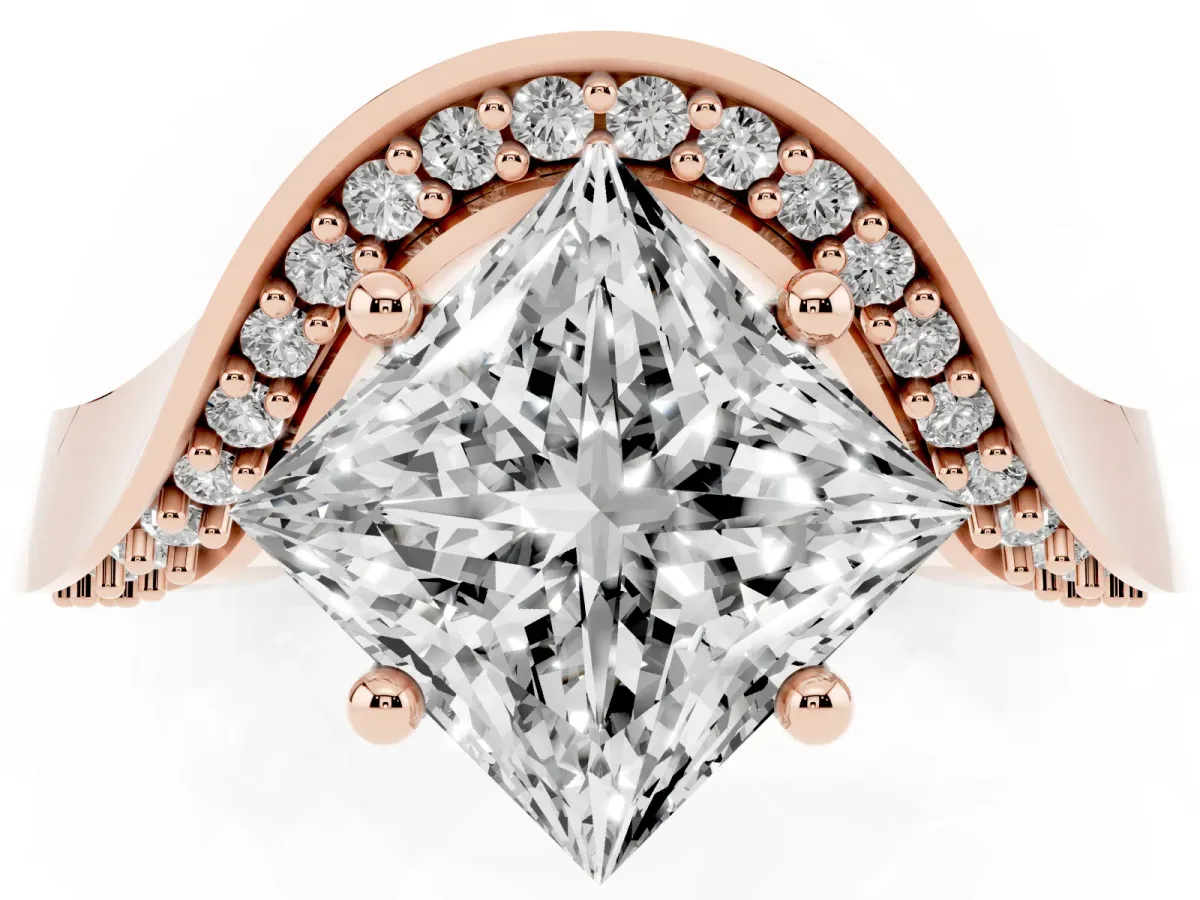 Princess Cut Solitaire Diamond Engagement Ring with Pave Band and Four-Prong Setting Rose gold