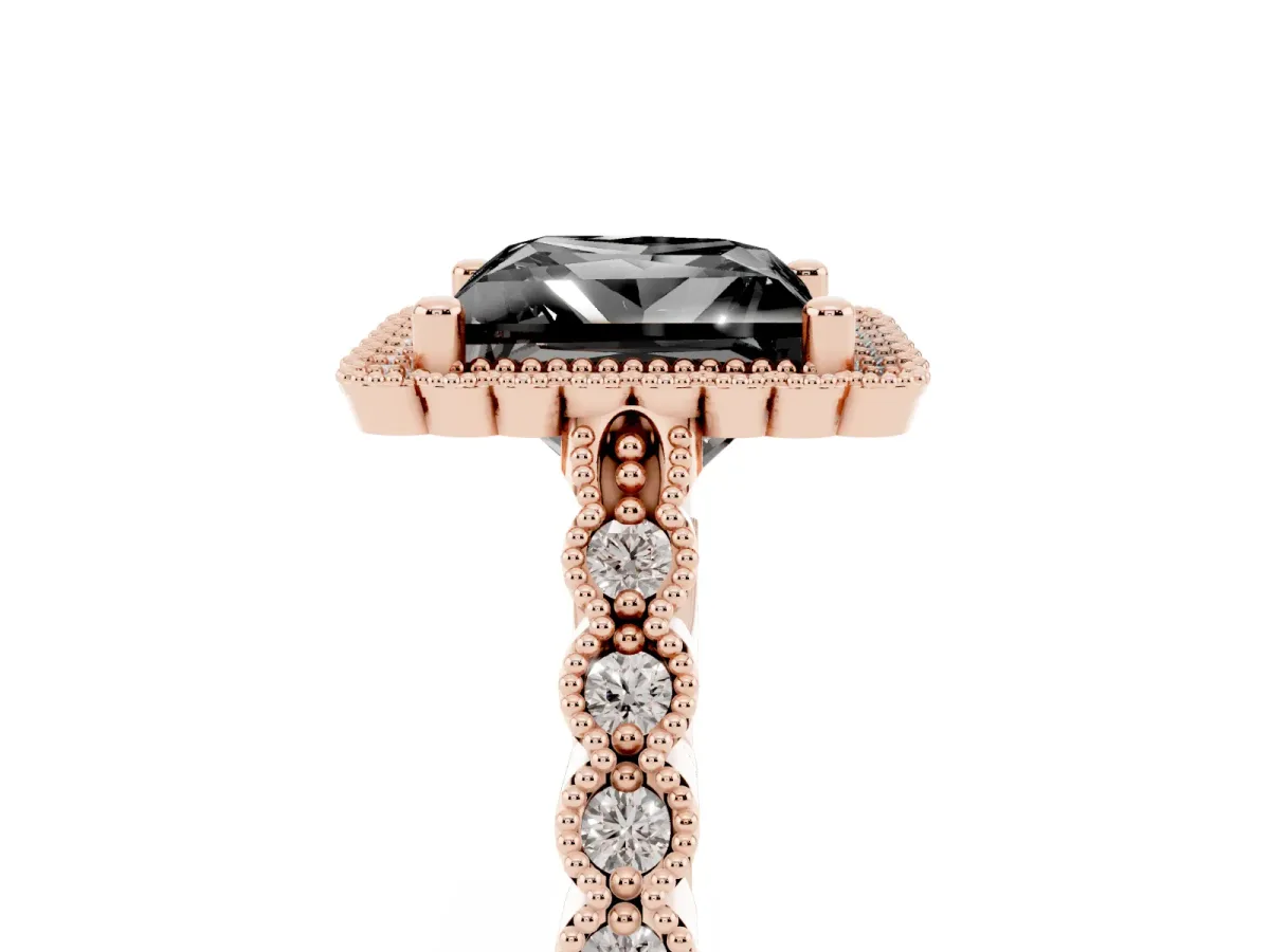 Fancy Black Princess Cut Cut Halo Pavé Solitaire Ring with Milgrain Band Rose gold