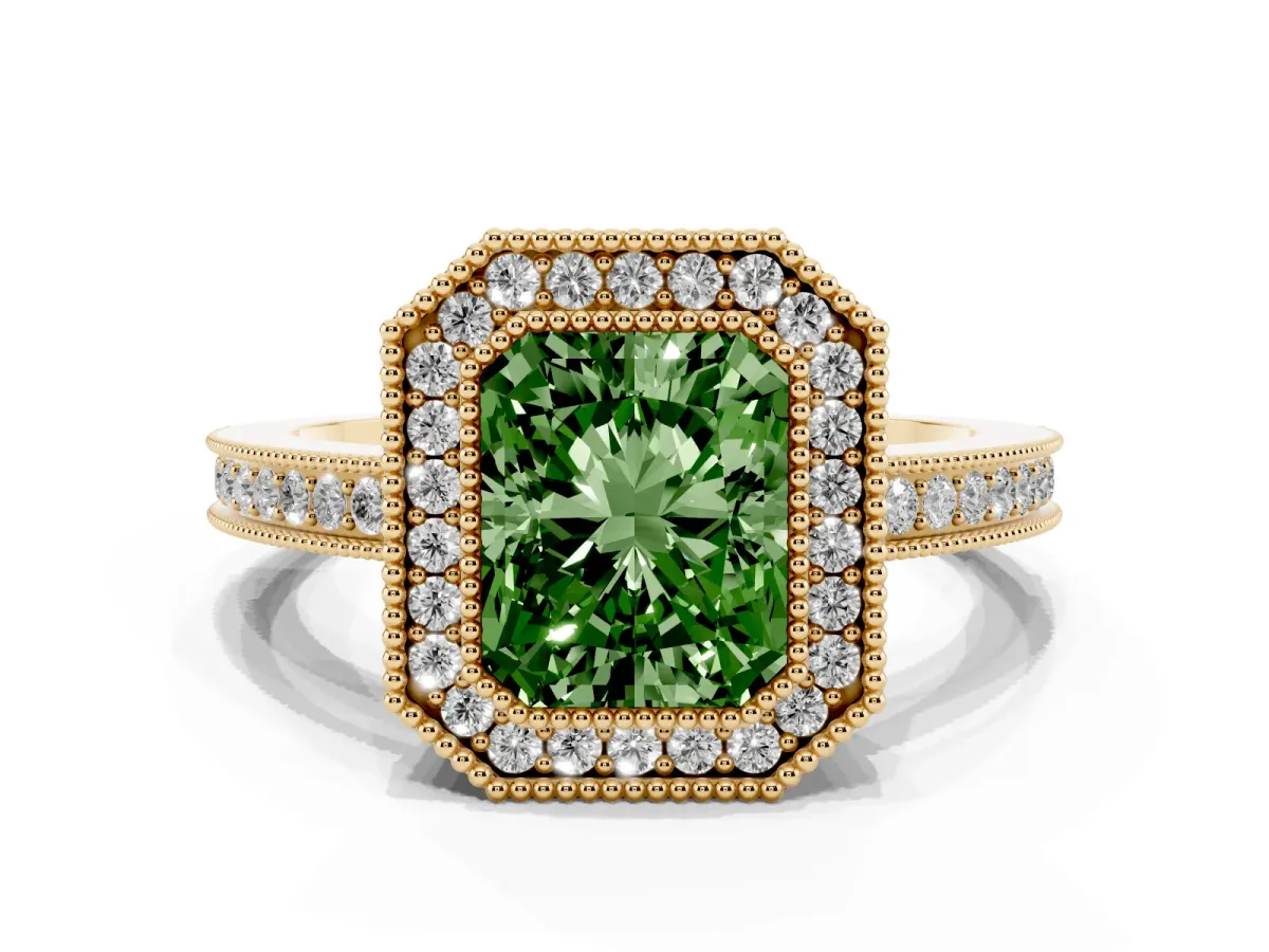 Fancy Green Radiant Cut Cut Halo Diamond Ring with Pavé Band and Milgrain Prong Setting Yellow gold