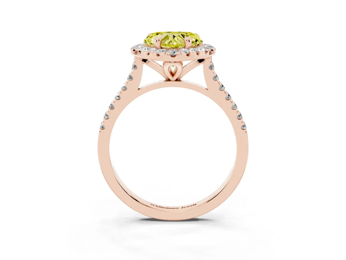 Fancy Yellow Heart Cut Diamond Cushion Halo Ring with Pavé Band Rose gold