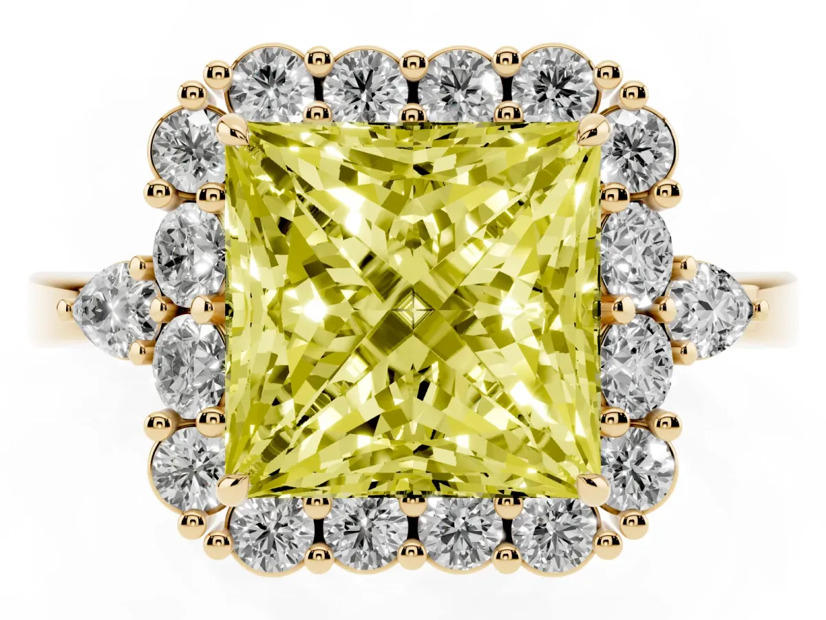 Fancy Yellow Princess Cut Diamond Halo Ring with Pear Side Stones and Prong Setting Yellow gold