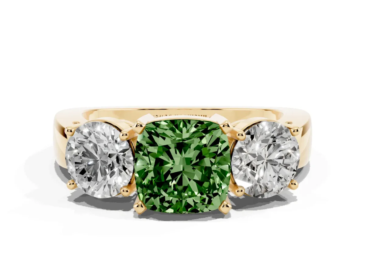 Fancy Green Three-Stone Cushion Cut Diamond Ring with Round Side Stones, Classic Band, and Four-Prong Setting Yellow gold