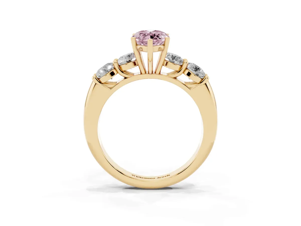 Fancy Pink Marquise Cut Cut Five-Stone Prong Set Diamond Ring with Classic Band Yellow gold