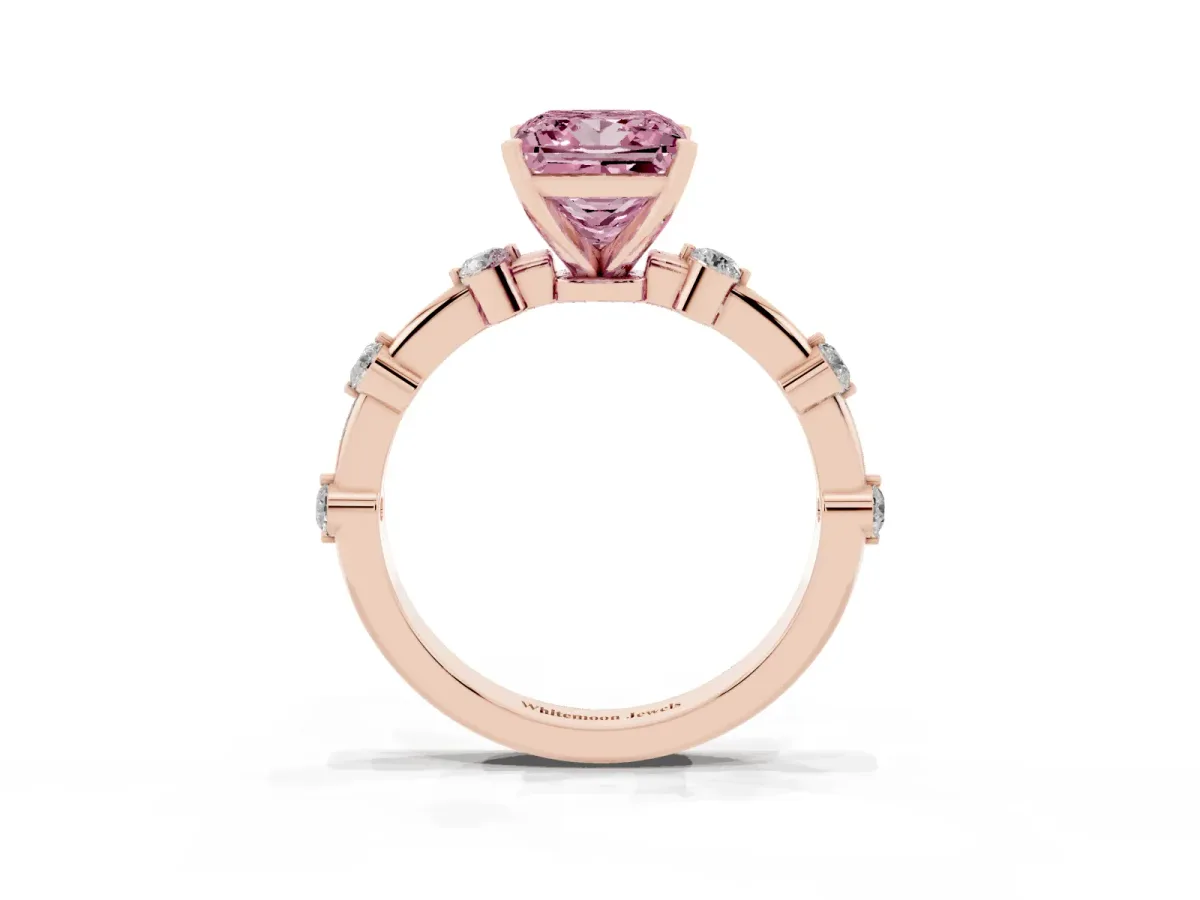 Fancy Pink Princess Cut Solitaire Diamond Ring with Bezel Set Side Stones and Prong Setting Rose gold