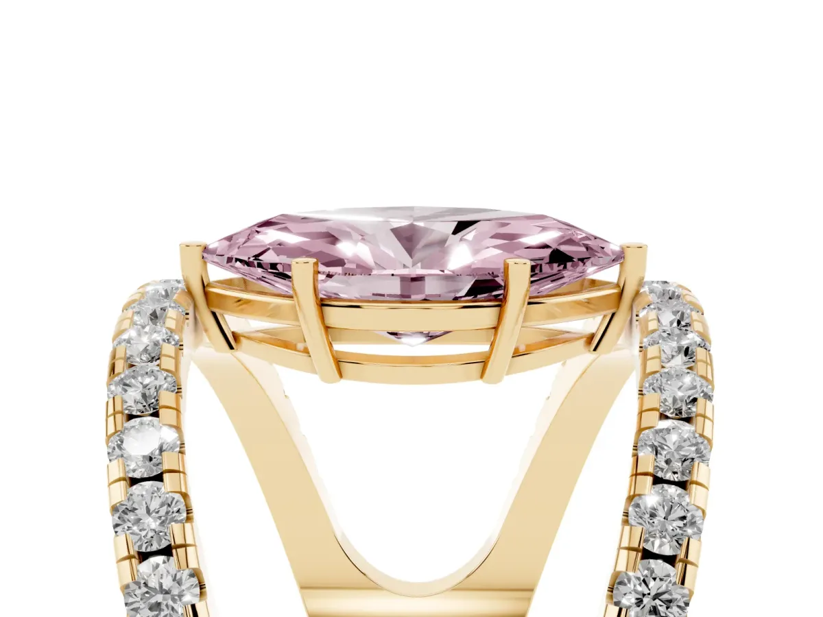 Fancy Pink Marquise Cut Solitaire Split Shank Pave Diamond Ring Yellow gold