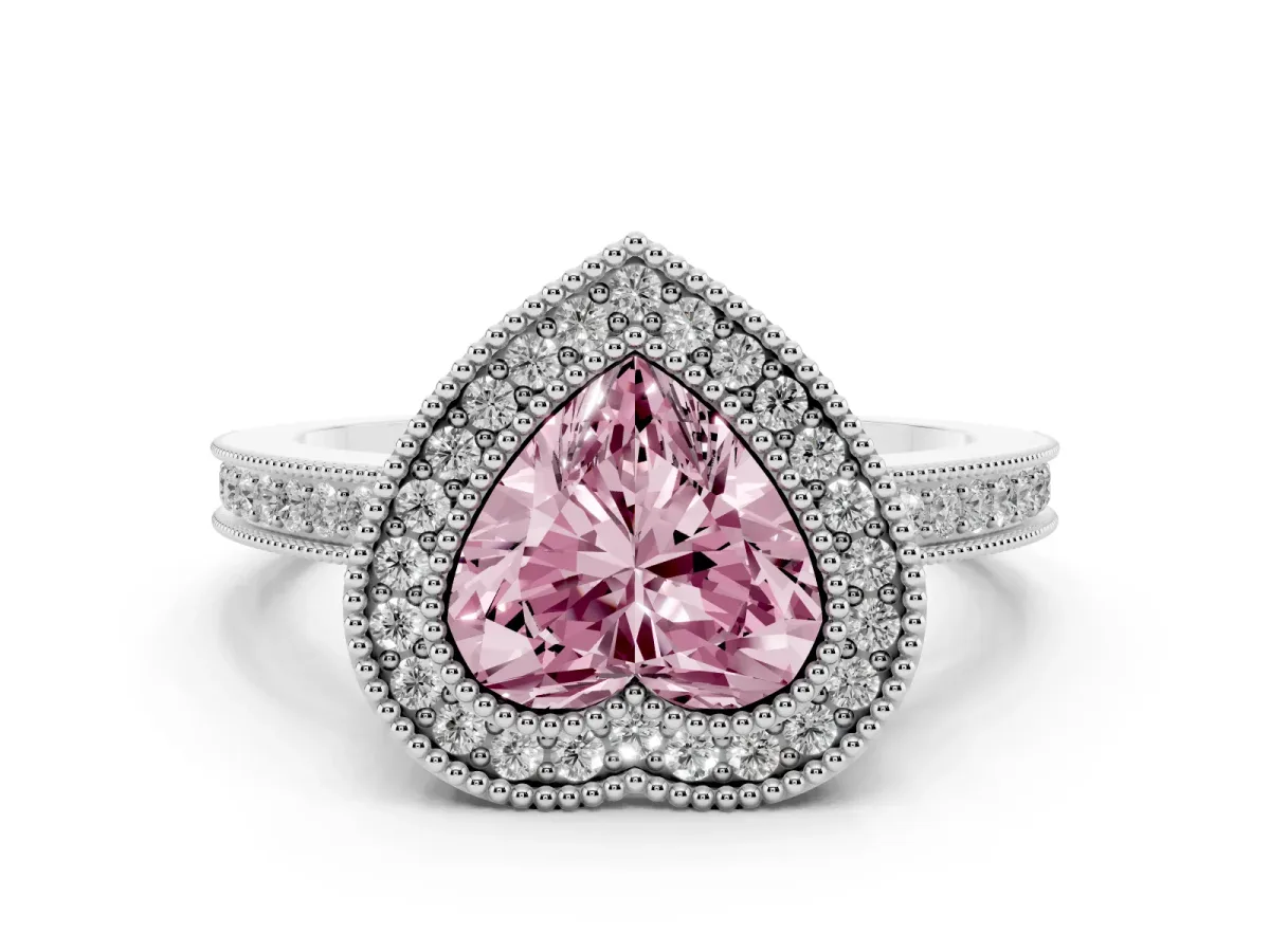 Fancy Pink Heart Cut Cut Halo Diamond Ring with Pavé Band and Milgrain Prong Setting Silver