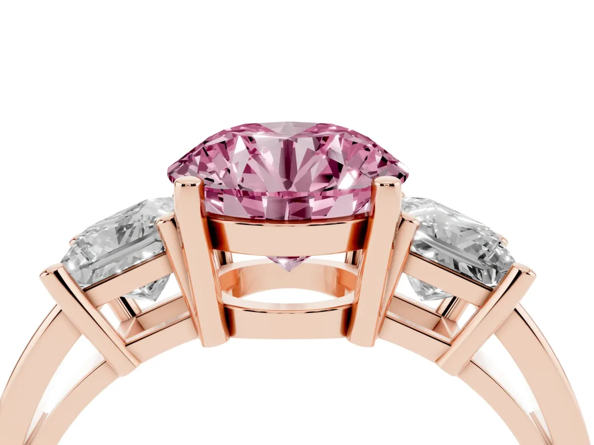 Fancy Pink Three-Stone Round Cut Cut Solitaire Ring with Prong Setting Rose gold