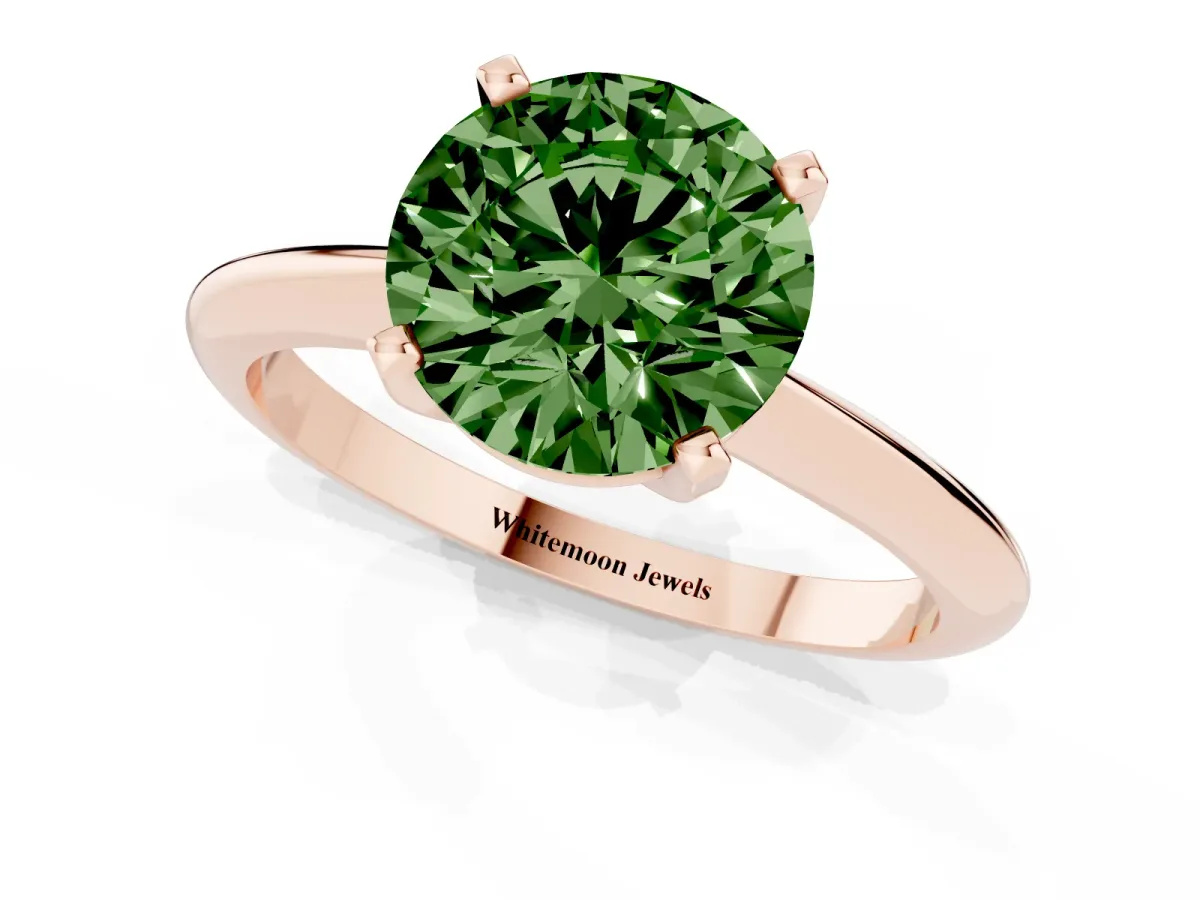 Fancy Green Round Cut Cut Solitaire Ring with Four-Prong Setting on a Classic Band Rose gold