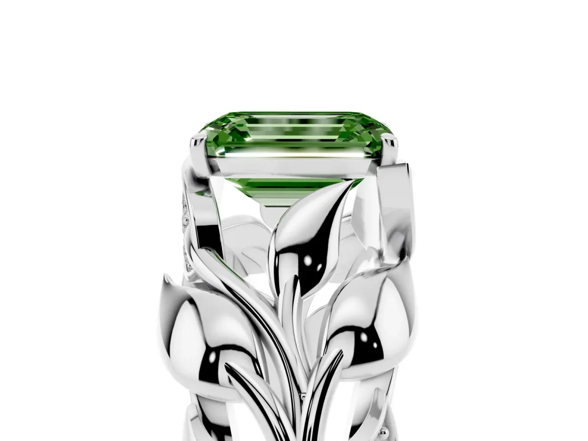 Fancy Green Emerald Cut Diamond Leaf-Inspired Engagement Ring with Round Accents and Prong Setting Silver