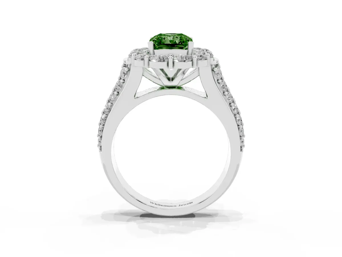 Fancy Green Radiant Cut Halo Diamond Engagement Ring with Split Shank and Prong Setting Silver