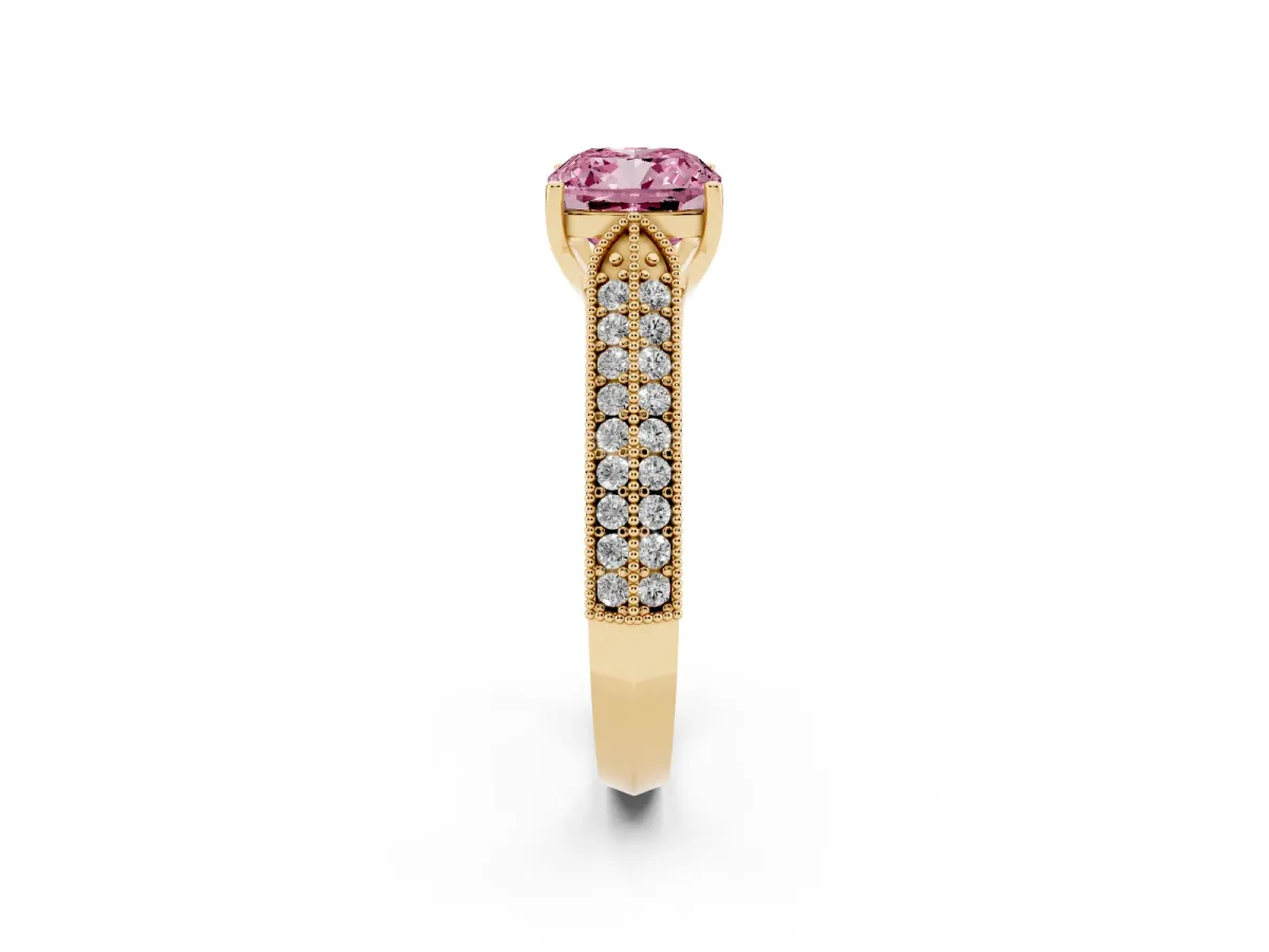 Fancy Pink Cushion Cut Cut Pave Split Shank Engagement Ring with Four-Prong Setting Yellow gold
