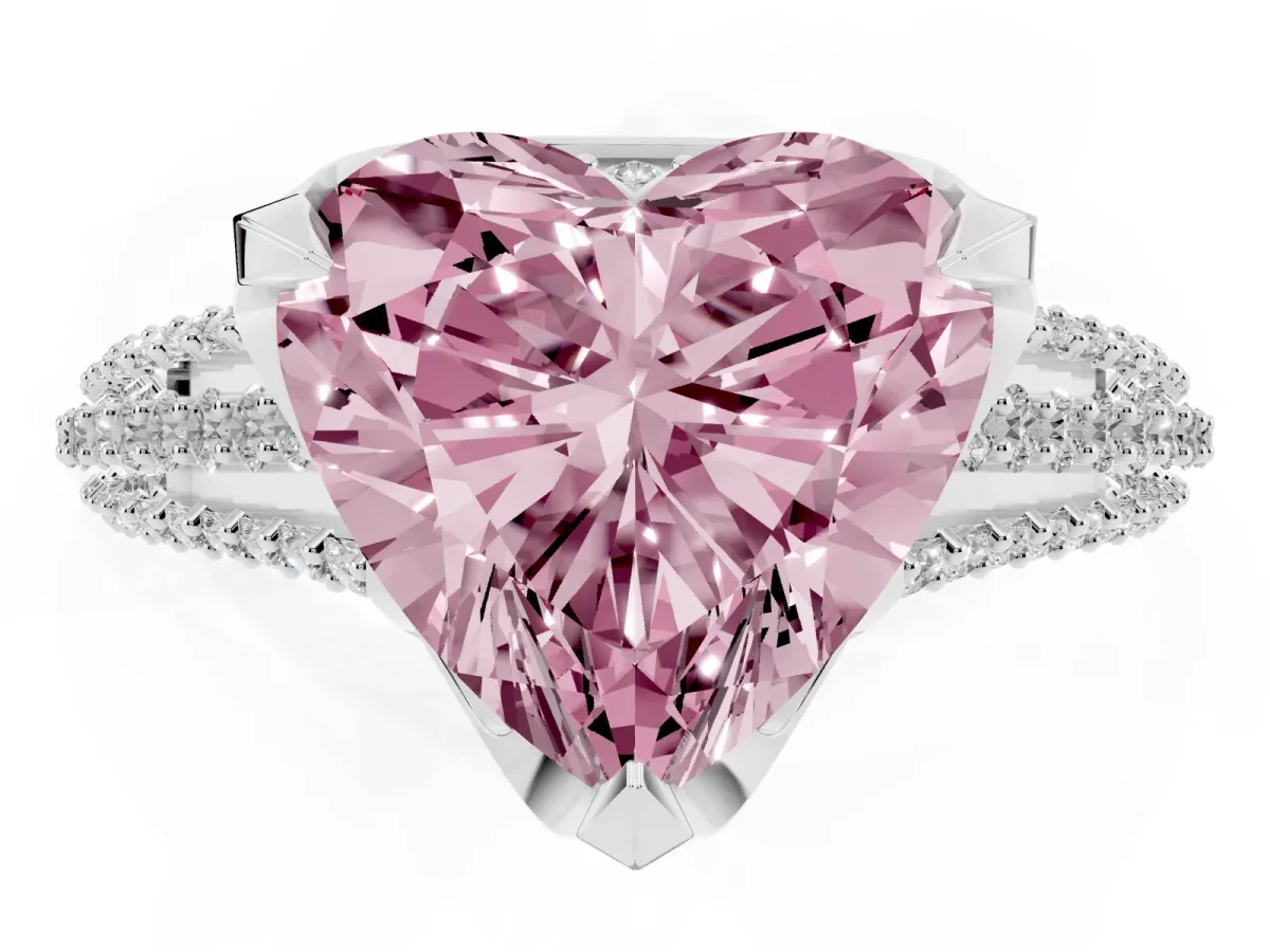 Fancy Pink Heart Cut Solitaire Pave Split Shank Ring with Four-Prong Setting Silver