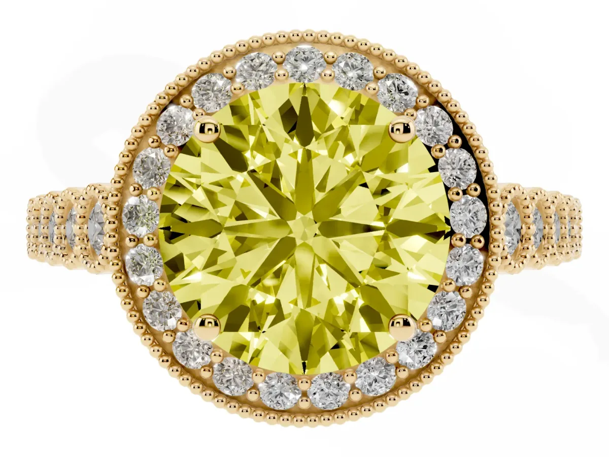 Fancy Yellow Round Cut Halo Milgrain Solitaire with Bezel Set Side Stones and Pave Band Yellow gold