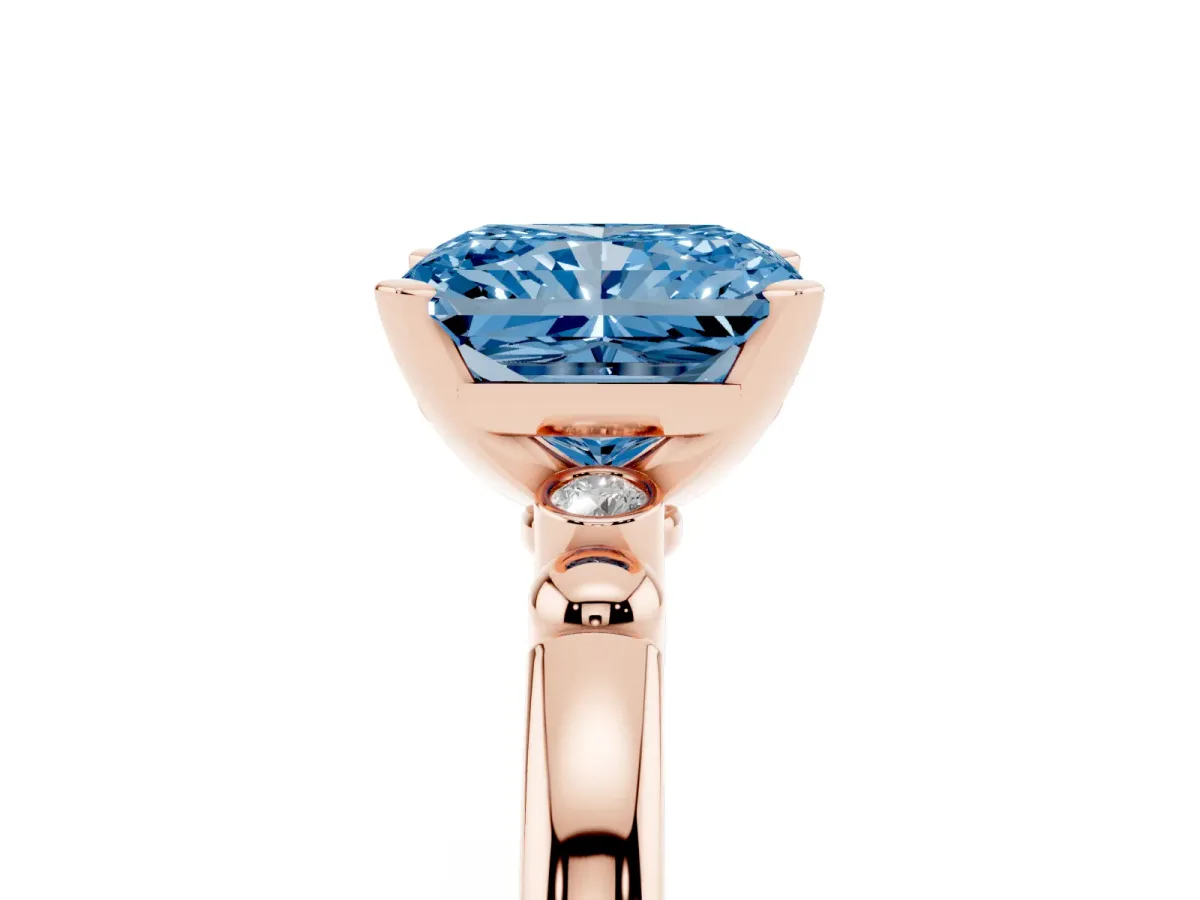 Fancy Blue Radiant Cut Solitaire Beaded Band with Four-Prong Setting Rose gold