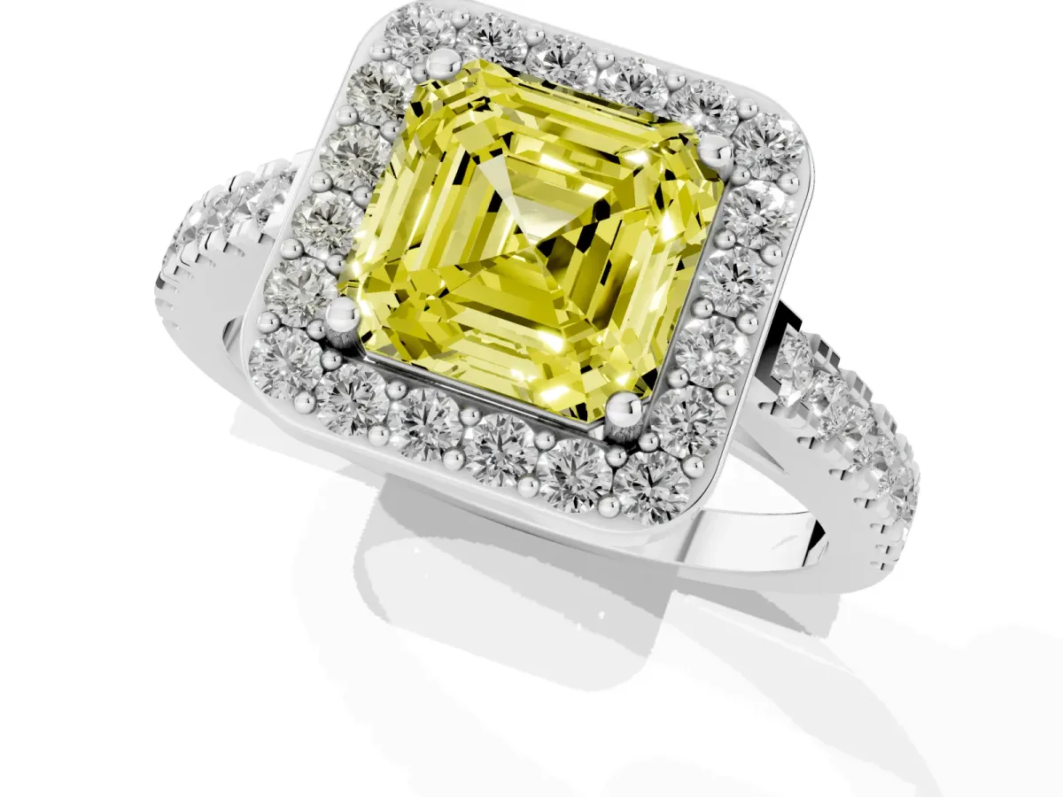 Fancy Yellow Asscher Cut Diamond Halo Ring with Round Pavé Split Shank and Prong Setting Silver