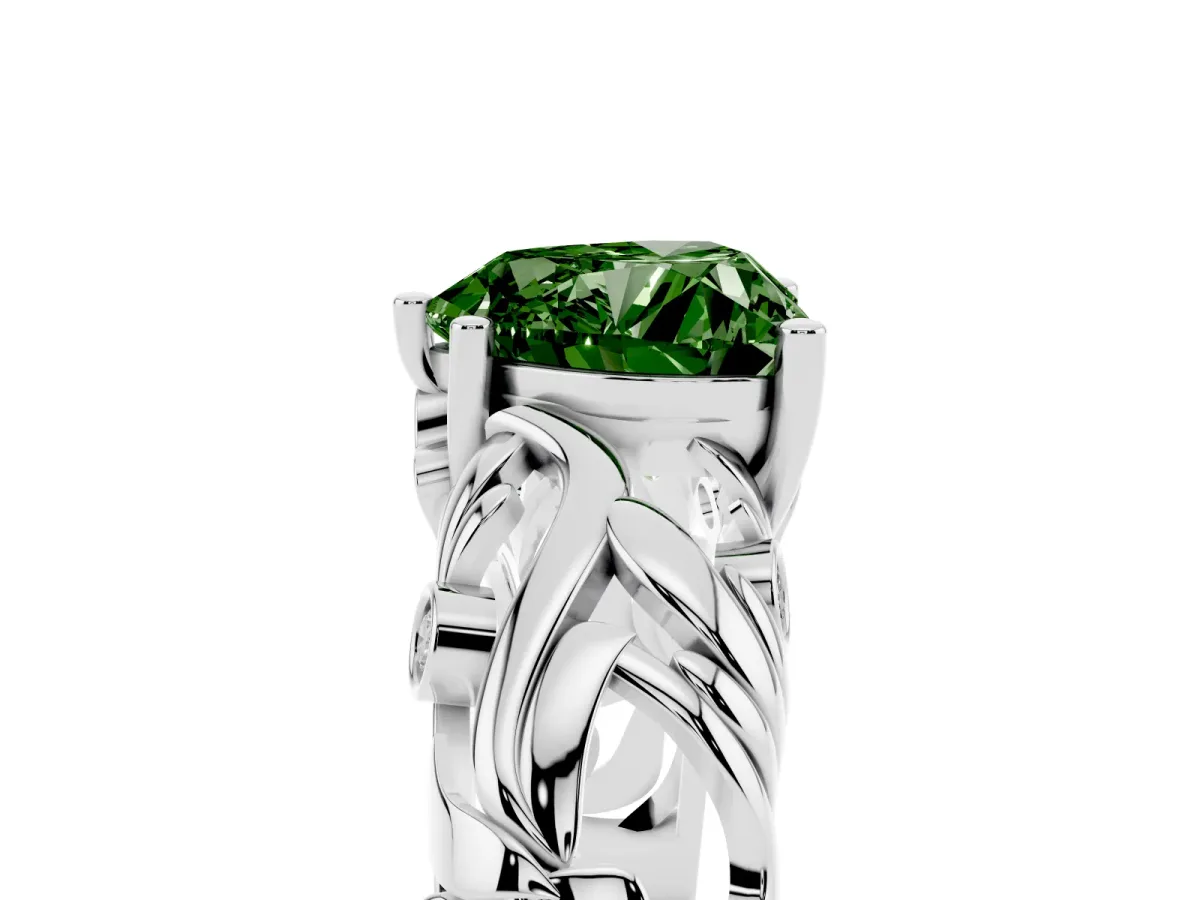 Fancy Green Heart Cut Solitaire Diamond Leaf-Inspired Vine Band Ring with Prong Setting Silver