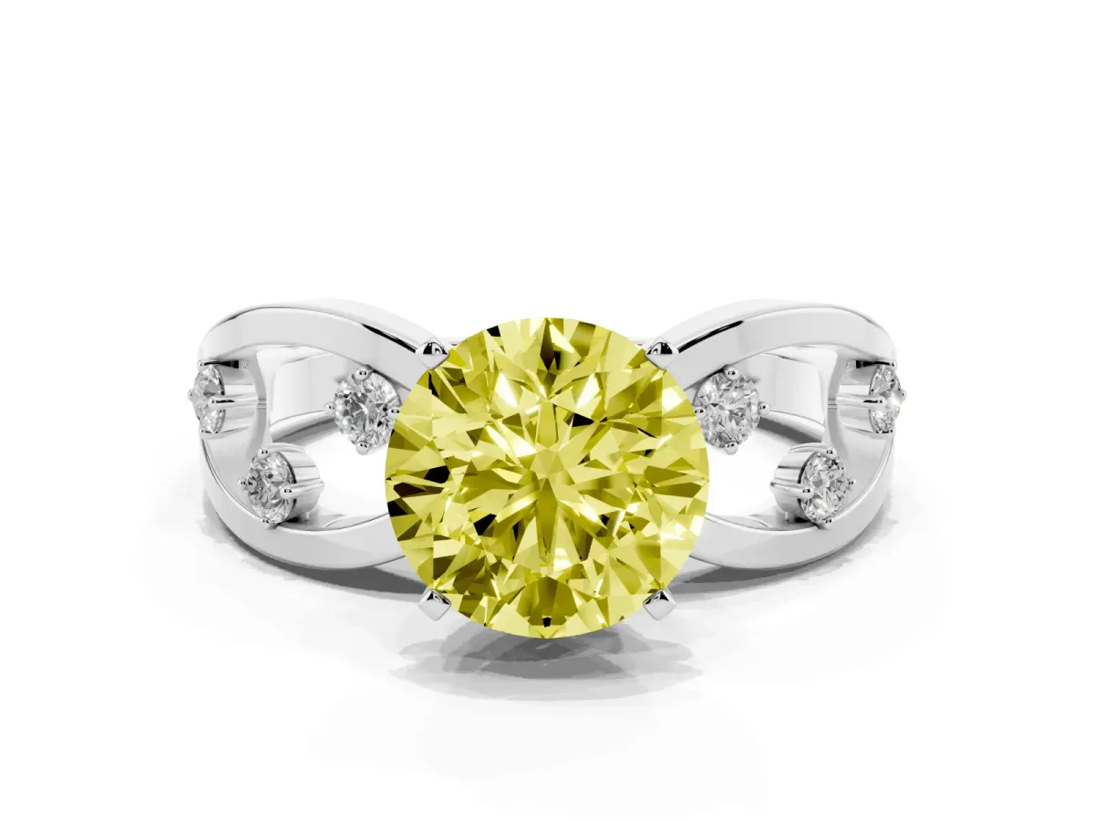 Fancy Yellow Round Cut Cut Solitaire Diamond with Side Stones on Criss-Cross Band and Four-Prong Setting Silver