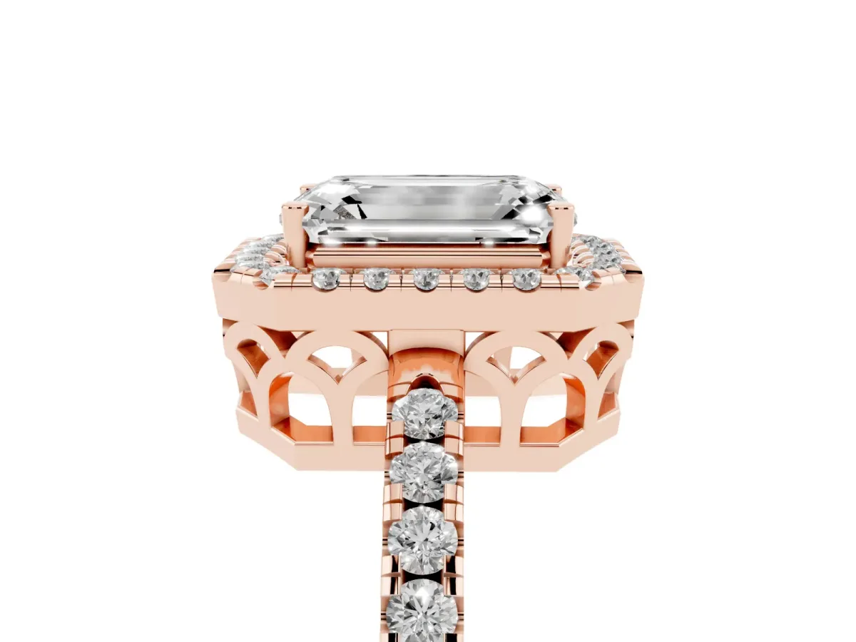 Emerald Cut Halo Diamond Engagement Ring with Pavé Band and Four-Prong Setting Rose gold
