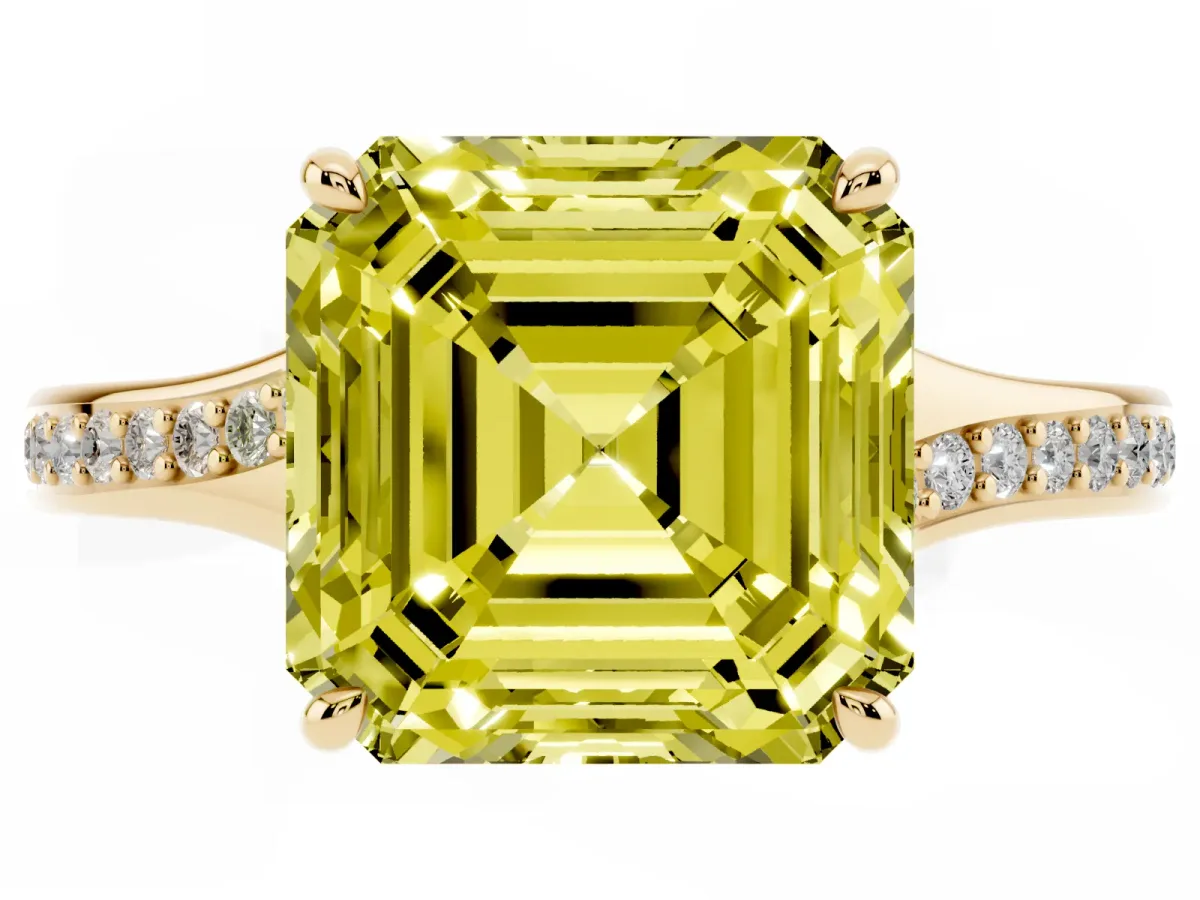 Fancy Yellow Asscher Cut Diamond Solitaire Ring with Pavé Band and Prong Setting Yellow gold