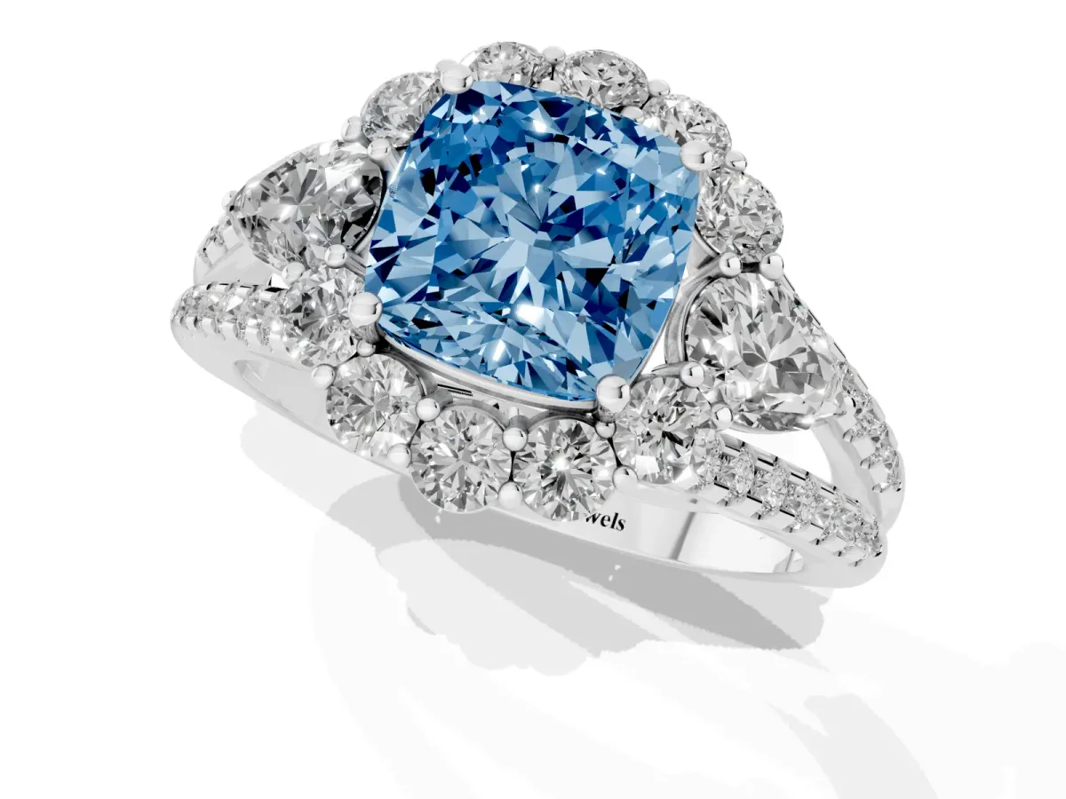Fancy Blue Cushion Cut Halo Split Shank Diamond Engagement Ring with Prong Setting White gold