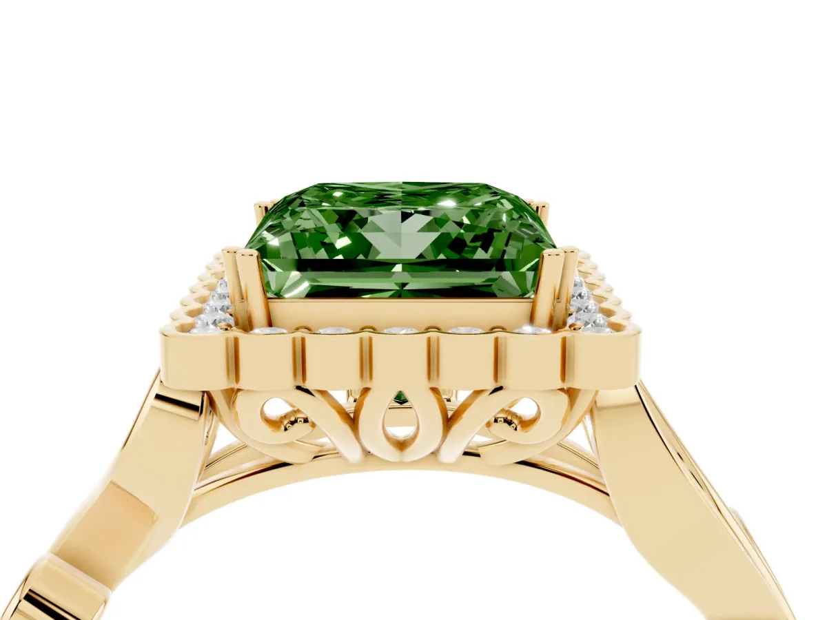 Fancy Green Princess Cut Diamond Halo Ring with Vintage Split Shank and Four-Prong Setting Yellow gold
